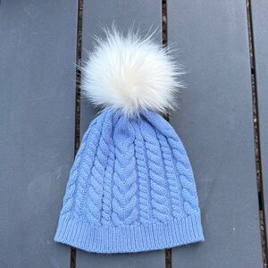 J. Crew Light Blue Cable Knit Beanie with White Pom-Pom